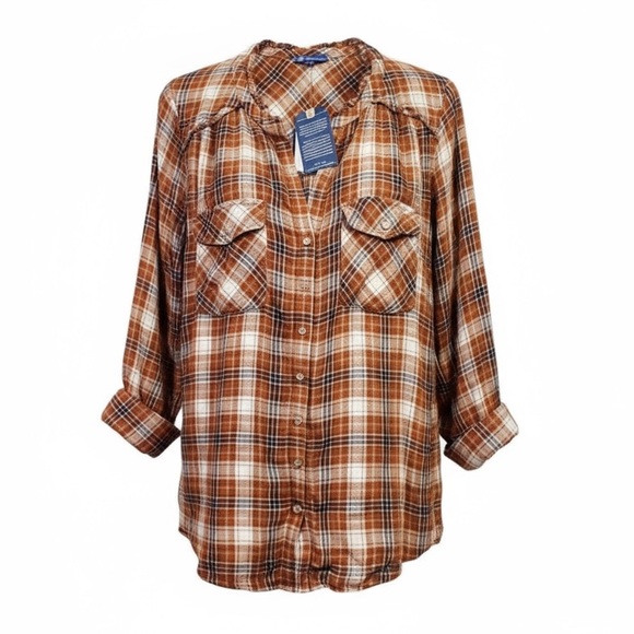 Democracy Size 1X- NWT Brown Plaid Button-Up Shirt - Picture 2 of 6